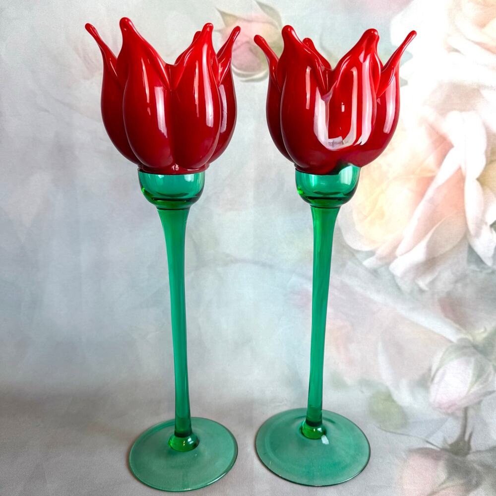 Vintage Flair Set Of Two Swedish Hand Blown Glass Red Tulip Candleholders
